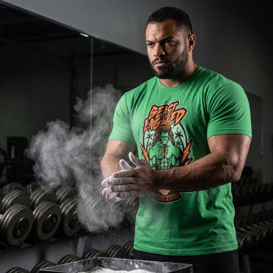Beast Engaged tee in Kelly Green: a green-skinned beast with wild orange hair crackling with lightning