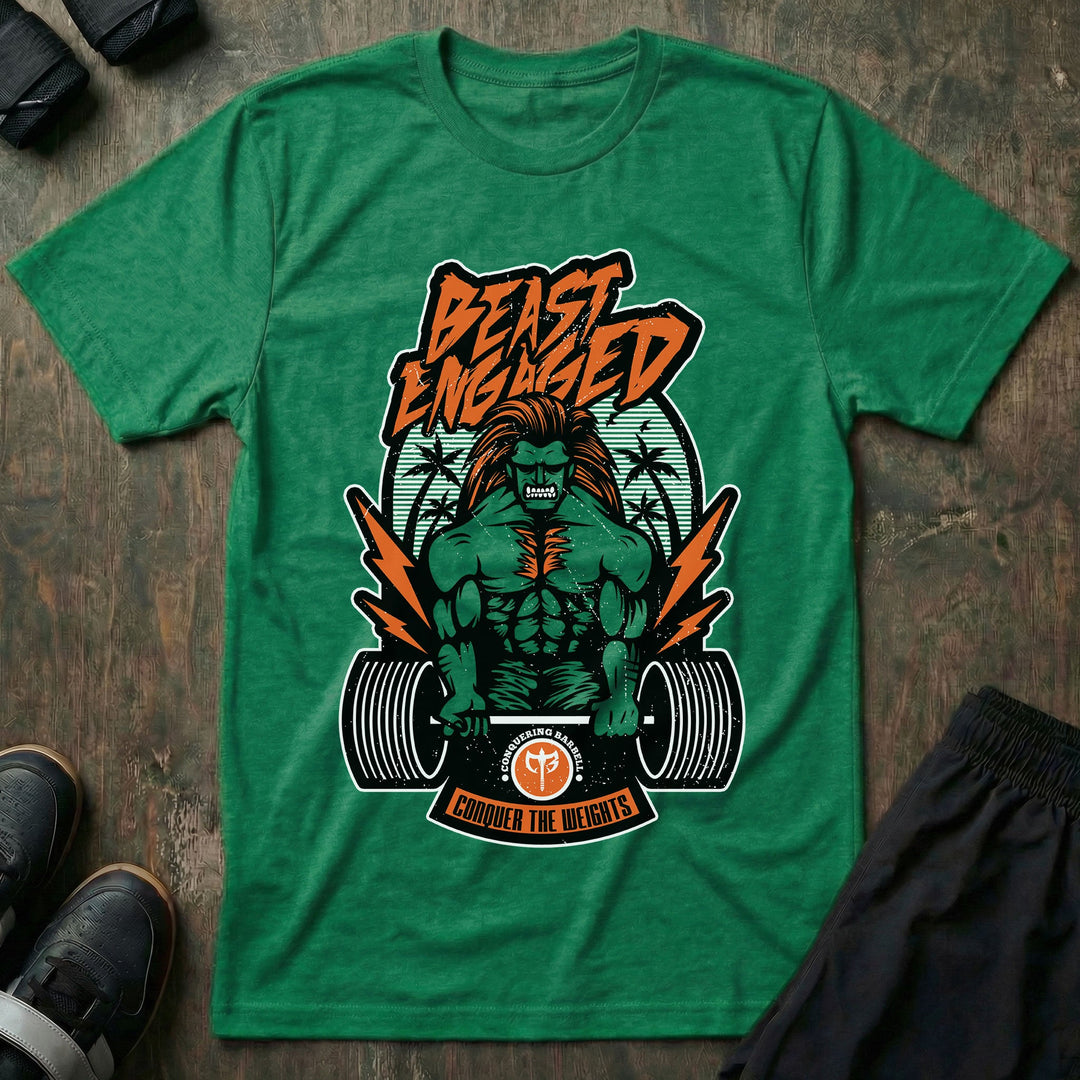 Beast Engaged tee in Kelly Green: a green-skinned beast with wild orange hair crackling with lightning