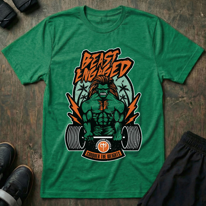 Beast Engaged tee in Kelly Green: a green-skinned beast with wild orange hair crackling with lightning