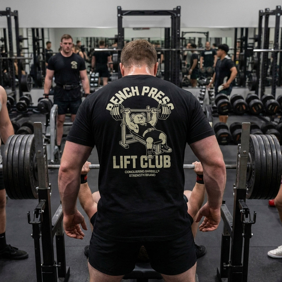 Bench Press Lift Club tee: a classic teddy bear pressing heavy on the bench