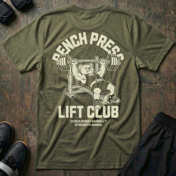Bench Press Lift Club tee in Military: a classic teddy bear pressing heavy on the bench