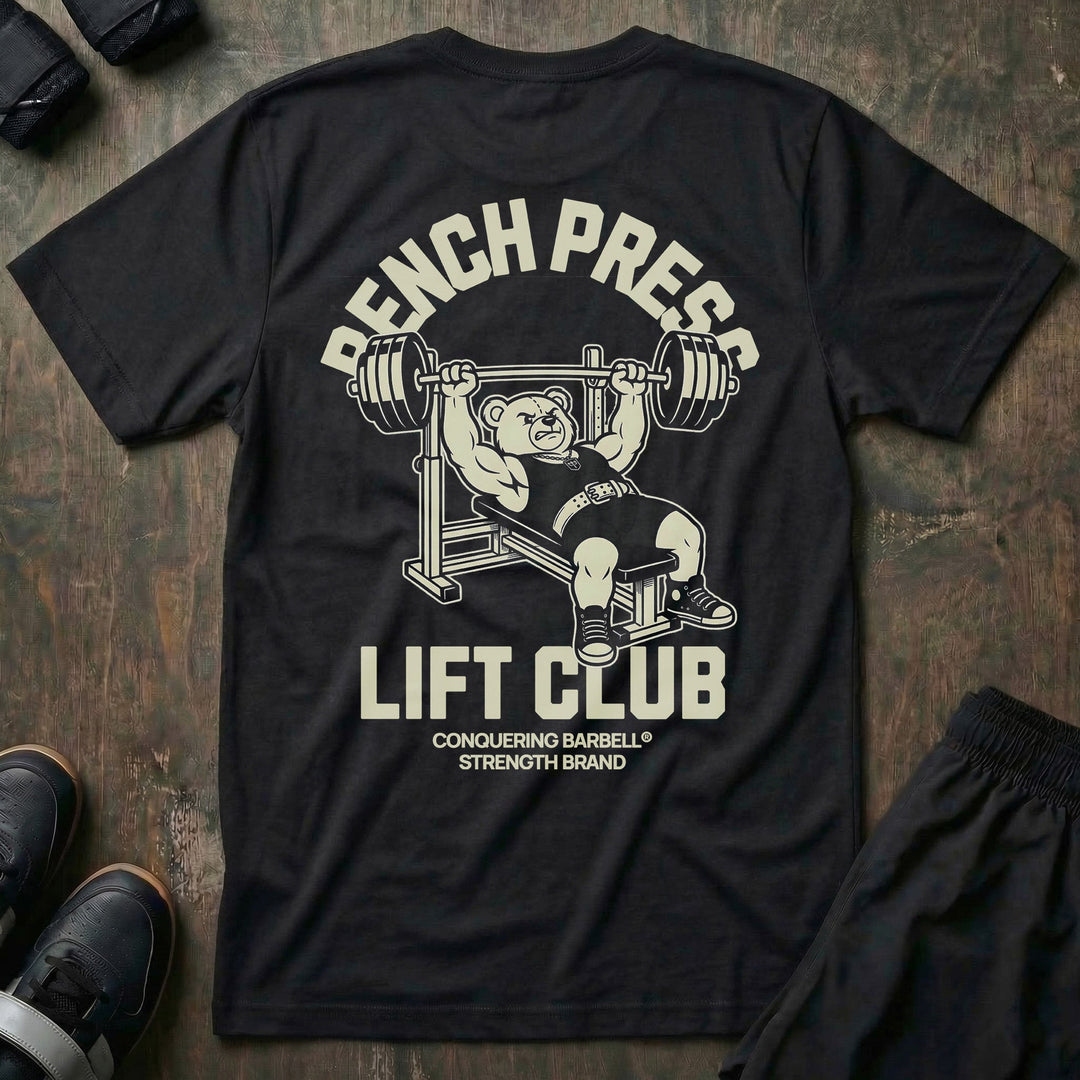 Bench Press Lift Club tee in Black: a classic teddy bear pressing heavy on the bench