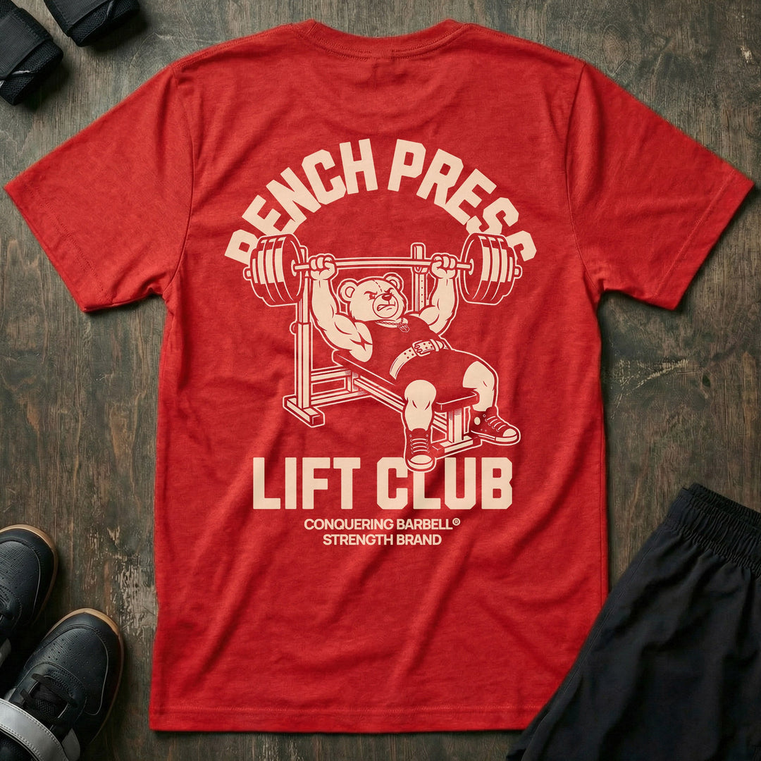 Bench Press Lift Club tee in Red: a classic teddy bear pressing heavy on the bench
