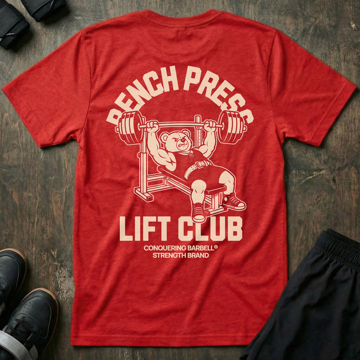 Bench Press Lift Club tee in Red: a classic teddy bear pressing heavy on the bench