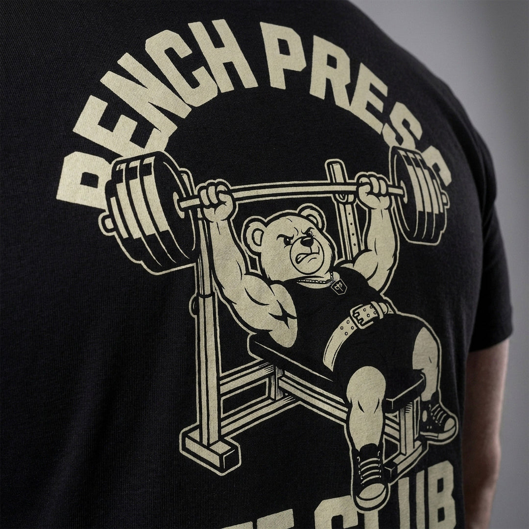 Bench Press Lift Club tee: a classic teddy bear pressing heavy on the bench