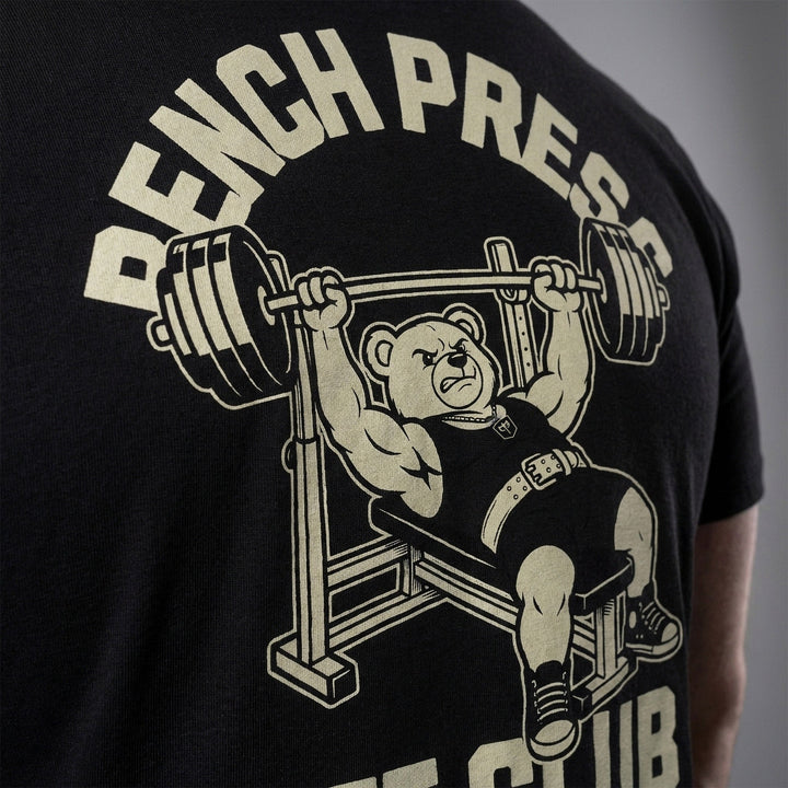 Bench Press Lift Club tee: a classic teddy bear pressing heavy on the bench