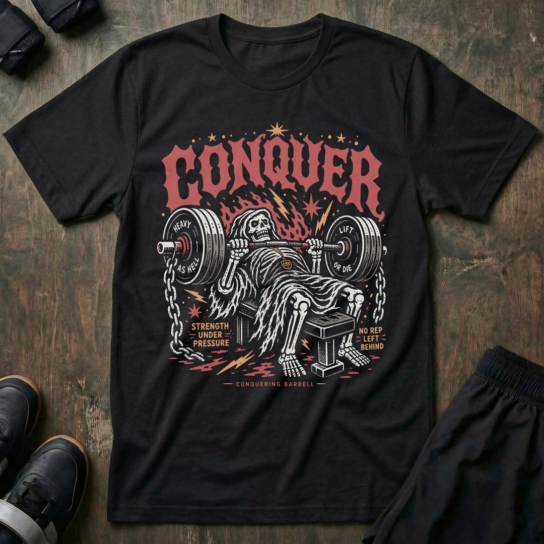 Bench Press Reaper - on Black Tee - Conquering Barbell
