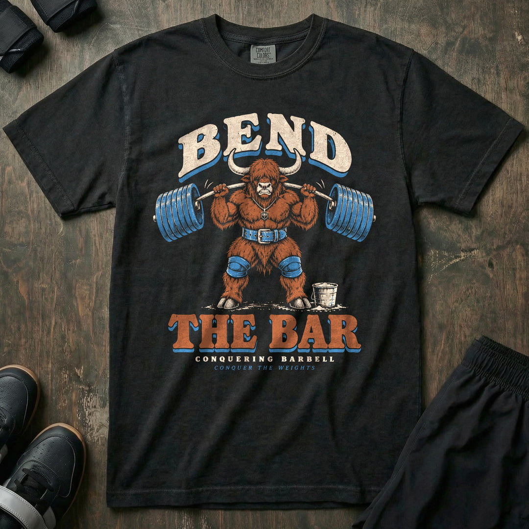 Bend the Bar - Relaxed Fit Tee front graphic in Black with a shaggy yak squatting a loaded barbell that bends across his back - Conquering Barbell