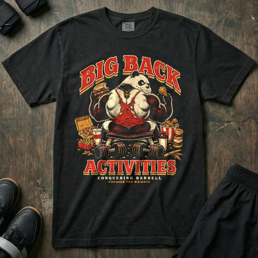 Big Back Activities - Relaxed Fit Tee front graphic in Black with a big-backed panda in a red singlet feasting on the bench - Conquering Barbell