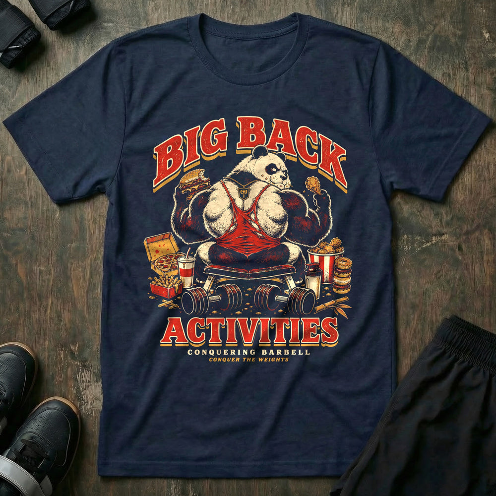 Big Back Activities - Tee front graphic in Navy with a big-backed panda in a red singlet feasting on the bench - Conquering Barbell