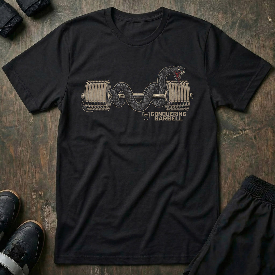 Barbell Mamba tee in Black: a black mamba coiled through the plates and along a fully loaded barbell
