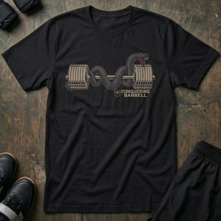 Barbell Mamba tee in Black: a black mamba coiled through the plates and along a fully loaded barbell