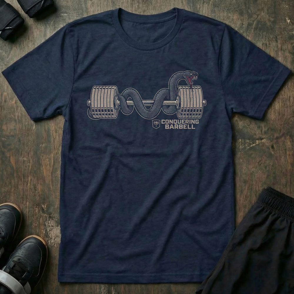 Barbell Mamba tee in Navy: a black mamba coiled through the plates and along a fully loaded barbell