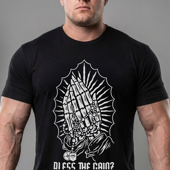 Bless the Gainz tee in Black: praying hands wrapped in a rosary inside a halo of radiating rays