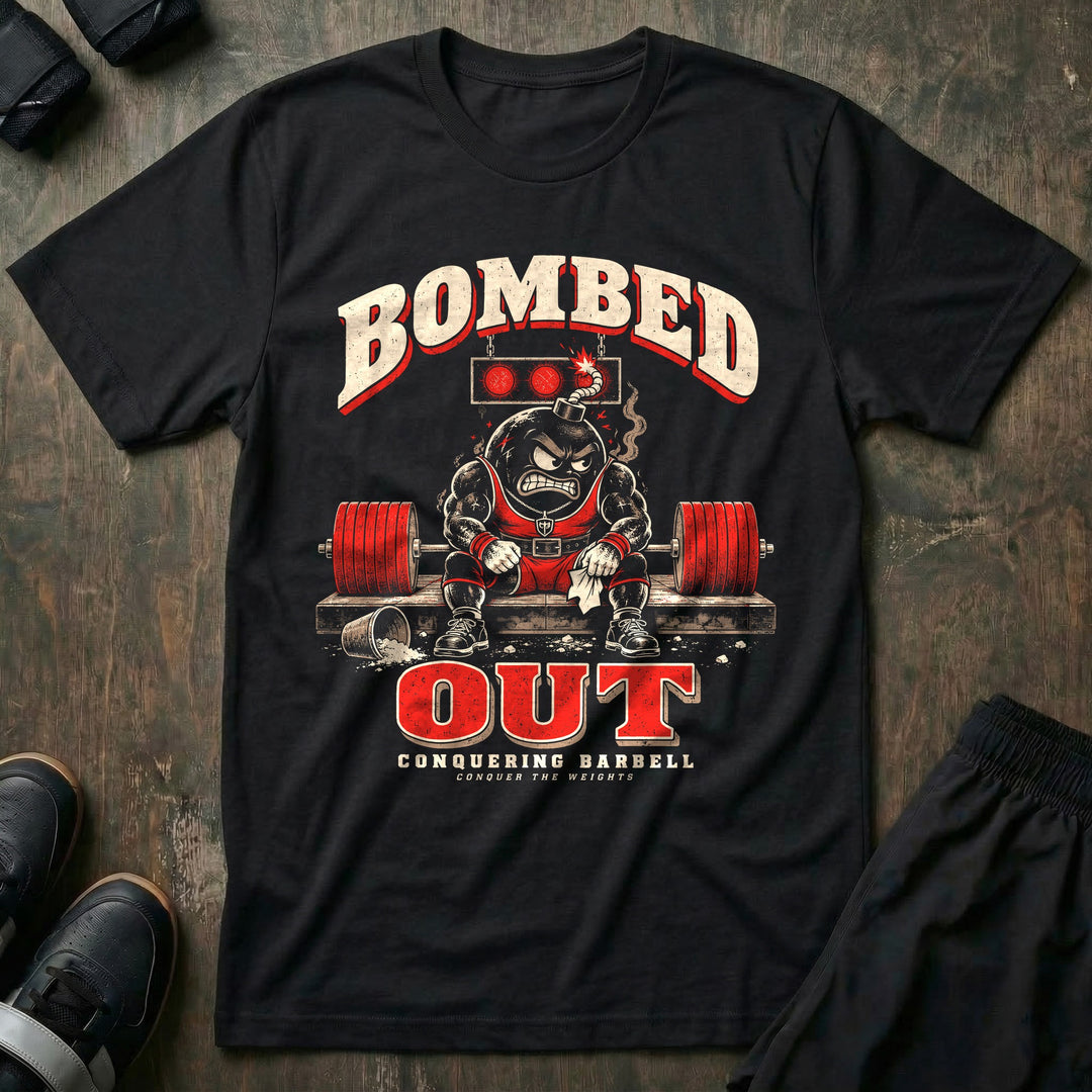 Bombed Out - Tee front graphic in Black with a cartoon bomb mascot slumped on the lifting platform under red lights - Conquering Barbell