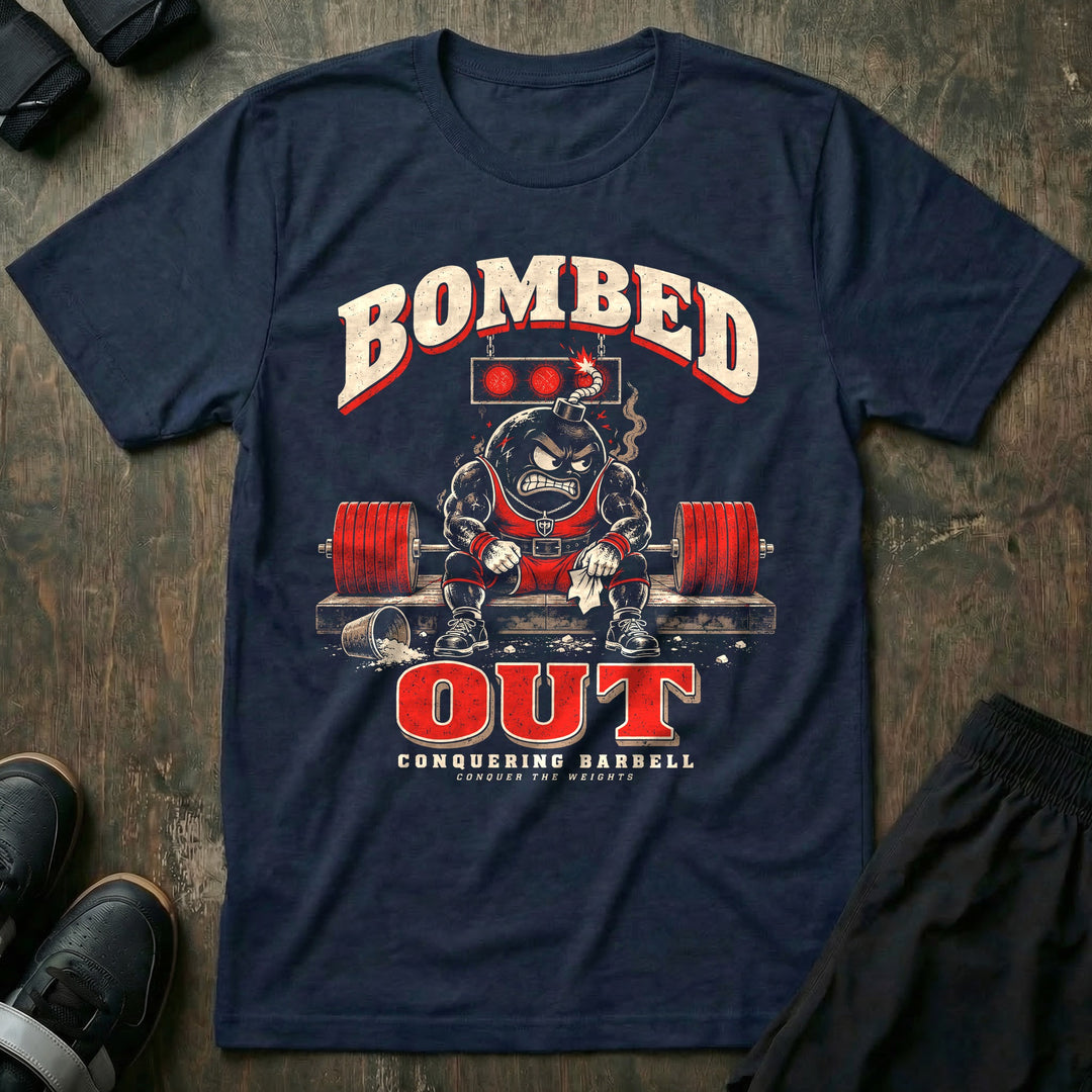 Bombed Out - Tee front graphic in Navy with a cartoon bomb mascot slumped on the lifting platform under red lights - Conquering Barbell