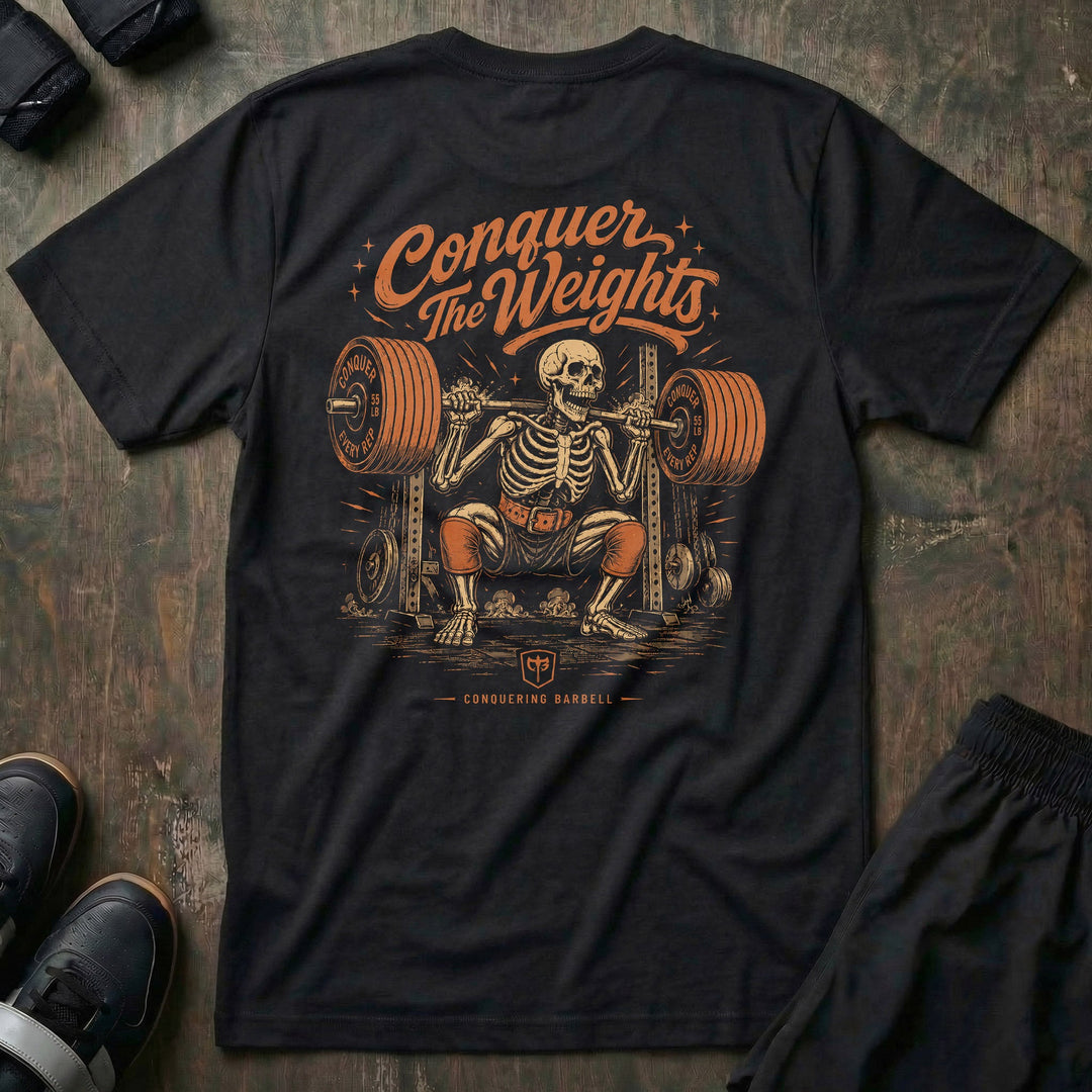 Bone Deep tee in Black: a grinning skeleton in a lifting belt squatting a fully loaded barbell in the power rack