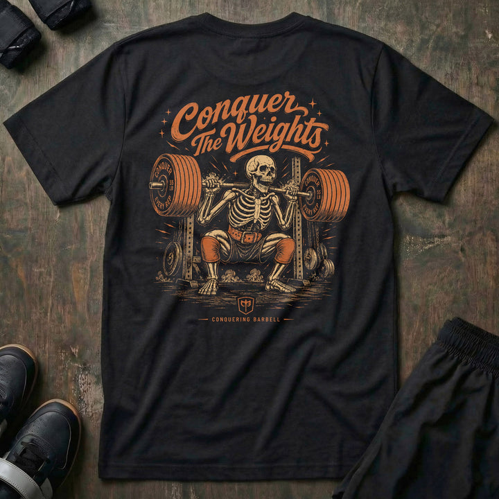 Bone Deep tee in Black: a grinning skeleton in a lifting belt squatting a fully loaded barbell in the power rack