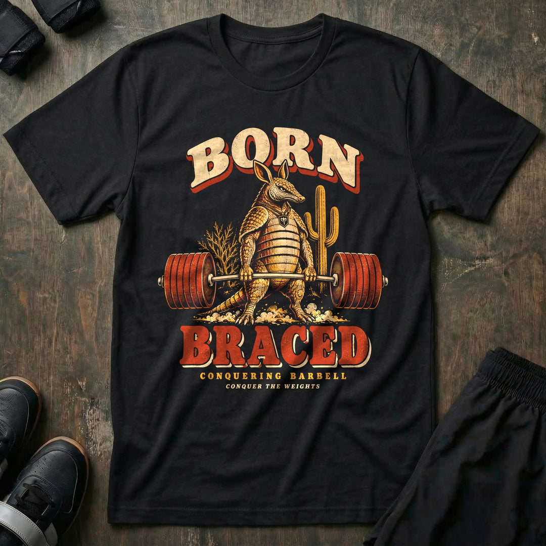 Born Braced - Tee front graphic in Black with an armadillo deadlifting a loaded barbell in the desert - Conquering Barbell