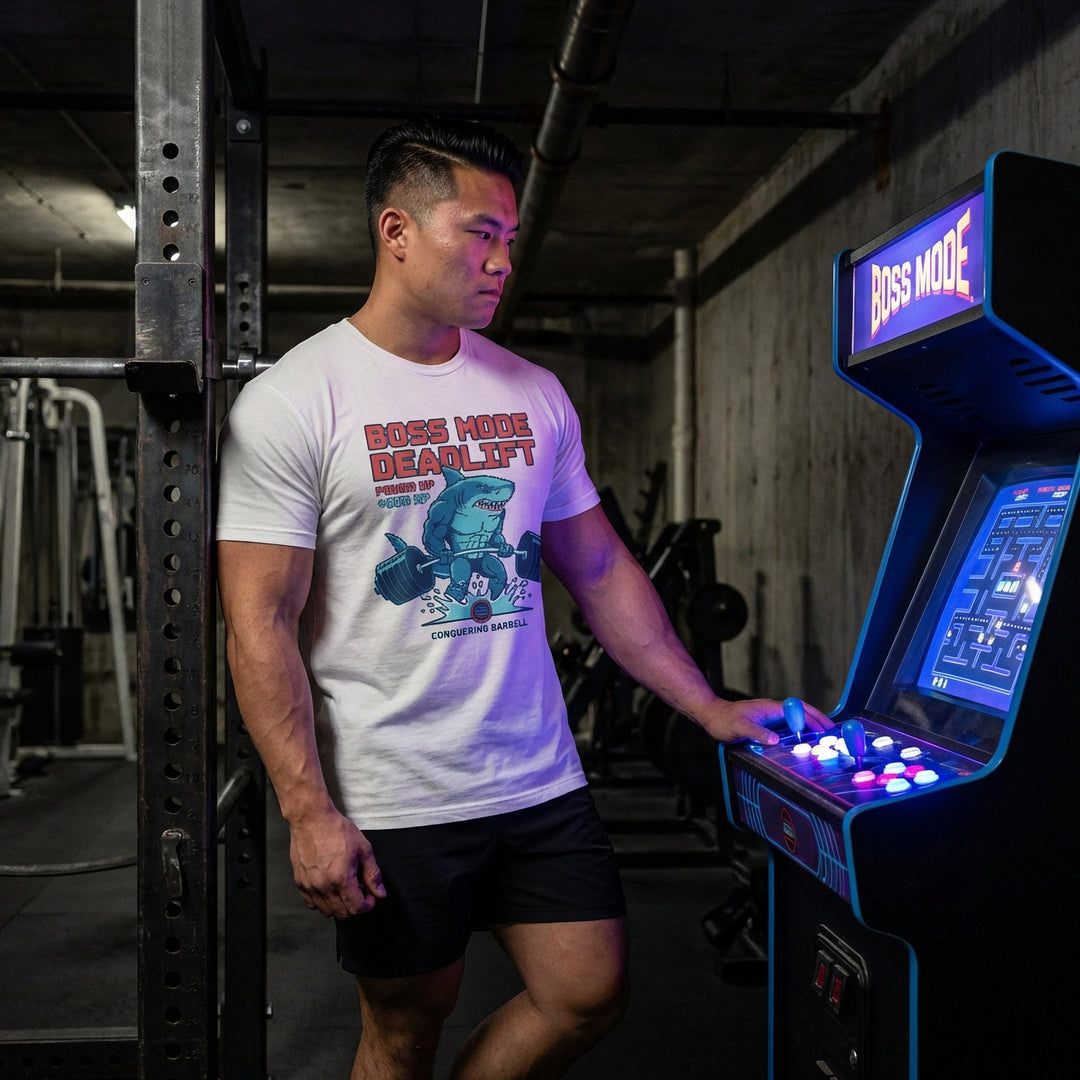 Boss Mode Deadlift tee in White: a retro arcade-style shark pulling a heavy barbell out of a splash