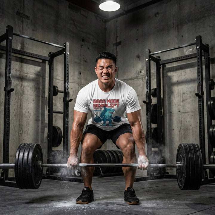 Boss Mode Deadlift tee in White: a retro arcade-style shark pulling a heavy barbell out of a splash