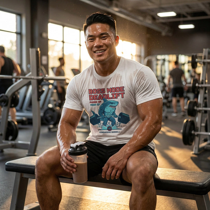 Boss Mode Deadlift tee in White: a retro arcade-style shark pulling a heavy barbell out of a splash