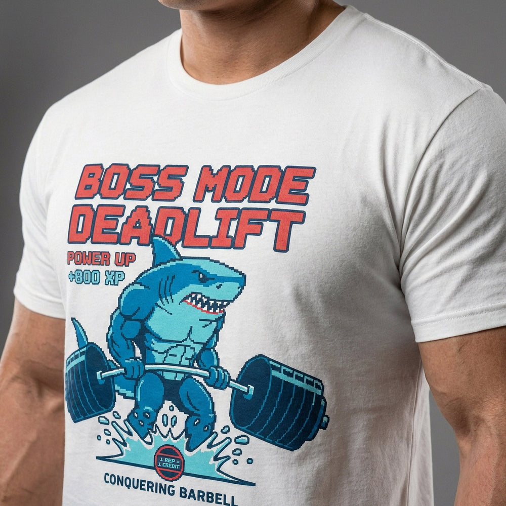 Boss Mode Deadlift tee in White: a retro arcade-style shark pulling a heavy barbell out of a splash