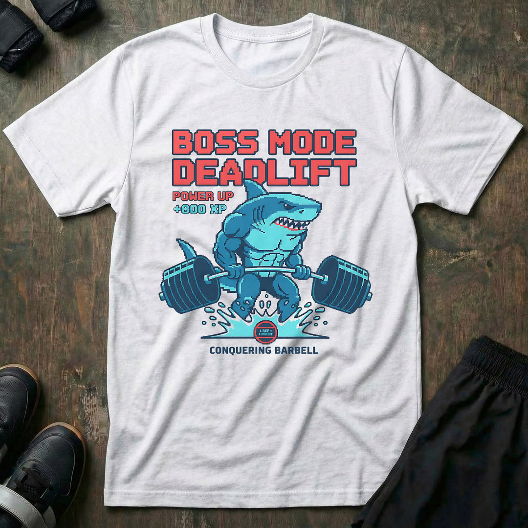 Boss Mode Deadlift tee in White: a retro arcade-style shark pulling a heavy barbell out of a splash