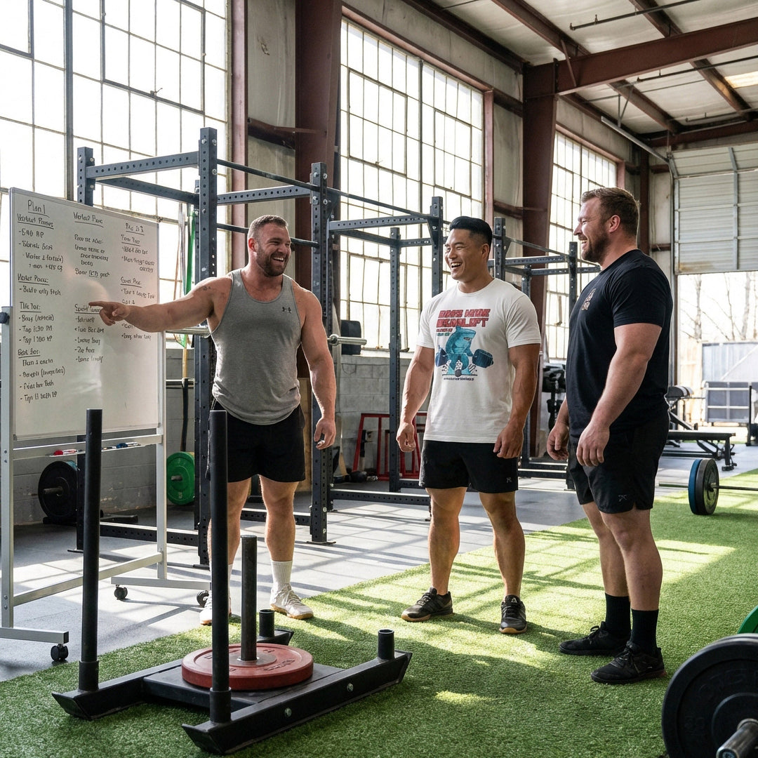Boss Mode Deadlift tee in White: a retro arcade-style shark pulling a heavy barbell out of a splash