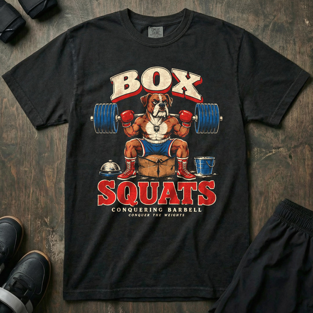 Box Squats - Relaxed Fit Tee front graphic in Black with a boxer dog in boxing gloves box squatting a loaded barbell - Conquering Barbell