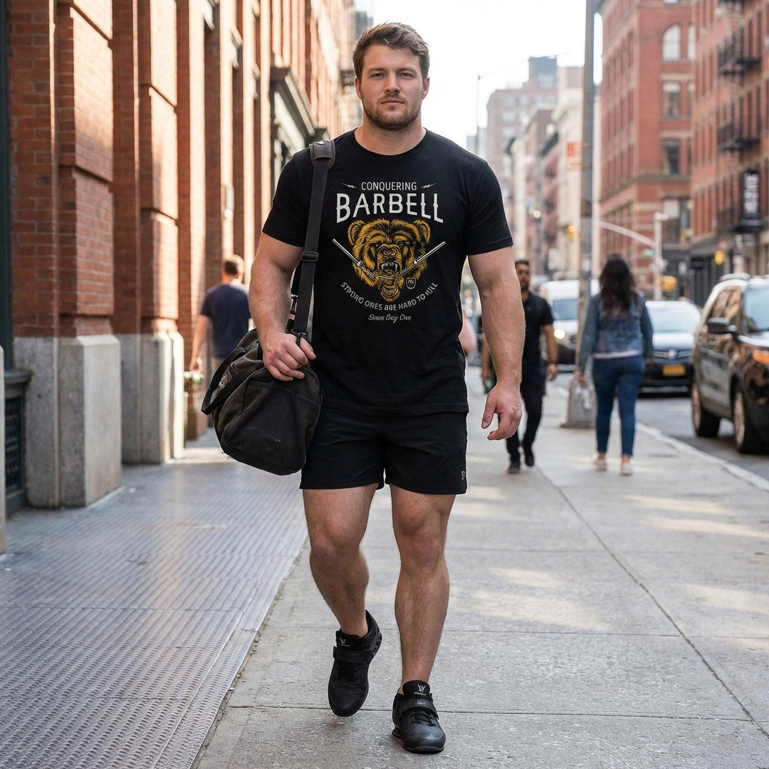 Breaking Barbell Bear - on Black Tee - Conquering Barbell