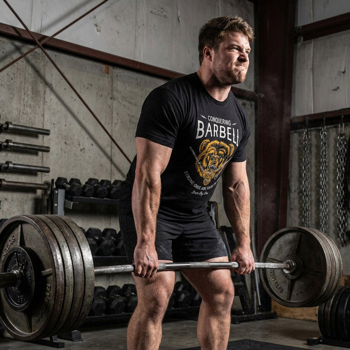 Breaking Barbell Bear - on Black Tee - Conquering Barbell