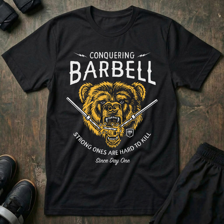 Breaking Barbell Bear - on Black Tee - Conquering Barbell