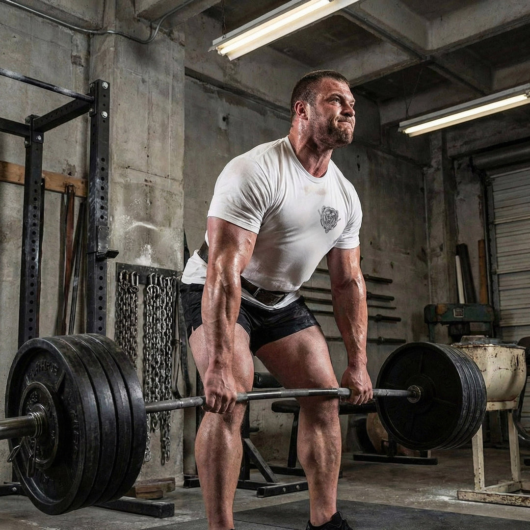 Breaking Barbell Bear - on White Tee - Conquering Barbell