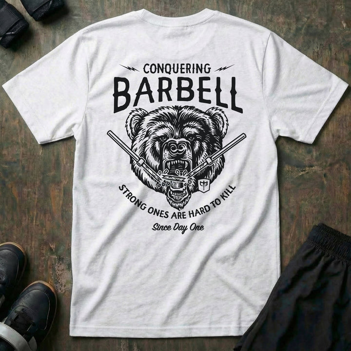 Breaking Barbell Bear - on White Tee - Conquering Barbell