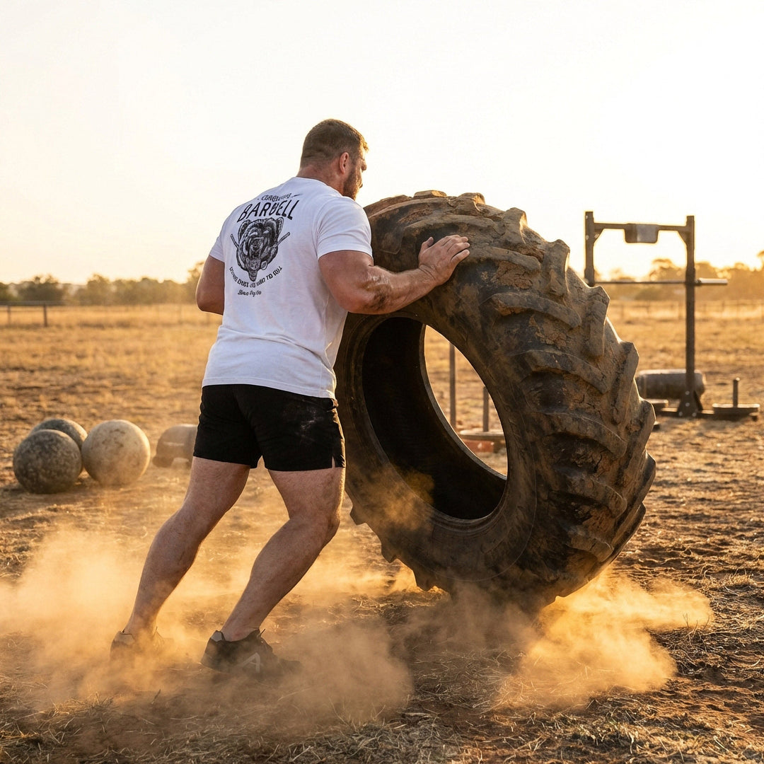 Breaking Barbell Bear - on White Tee - Conquering Barbell