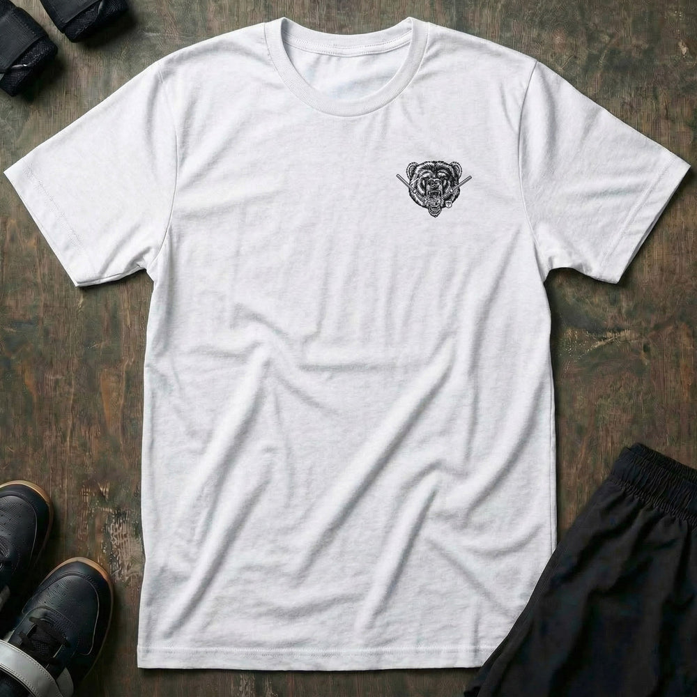 Breaking Barbell Bear - on White Tee - Conquering Barbell