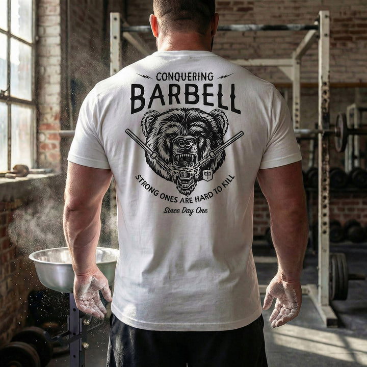Breaking Barbell Bear - on White Tee - Conquering Barbell