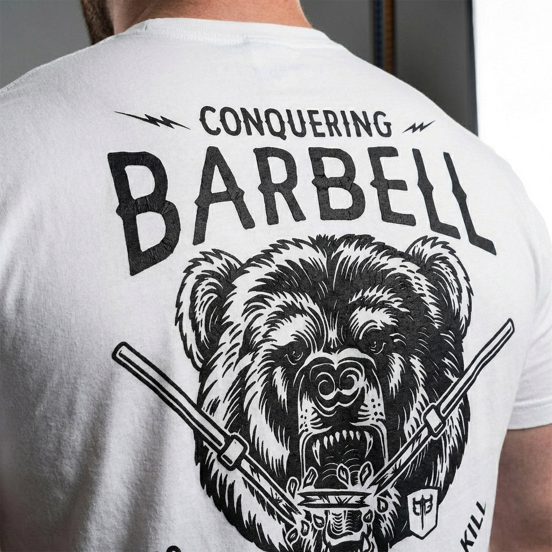 Breaking Barbell Bear - on White Tee - Conquering Barbell