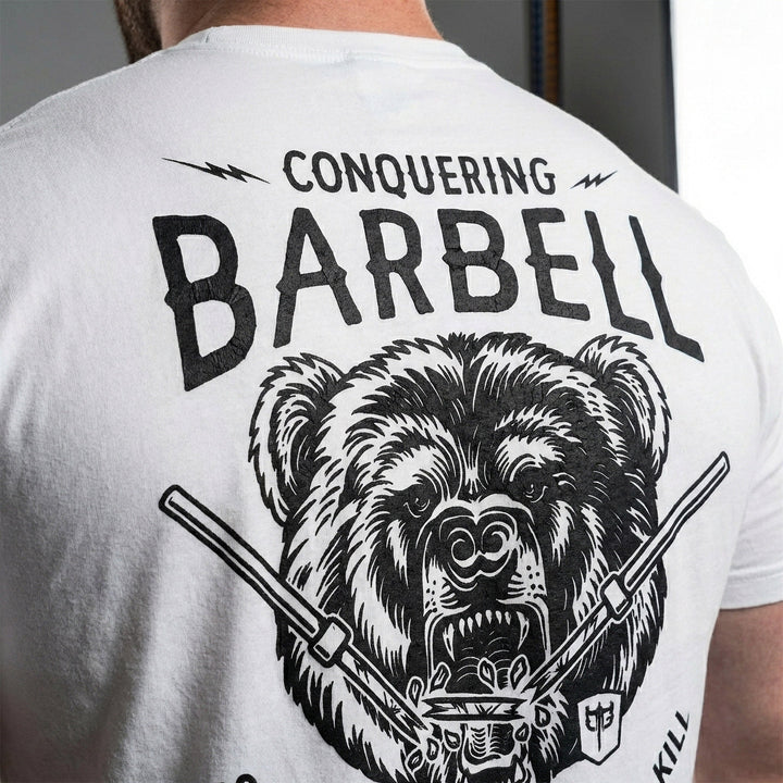 Breaking Barbell Bear - on White Tee - Conquering Barbell