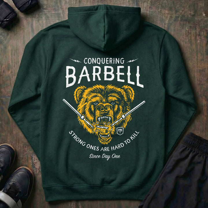 Breaking Barbell Bear pullover hoodie in Alpine Green, back print