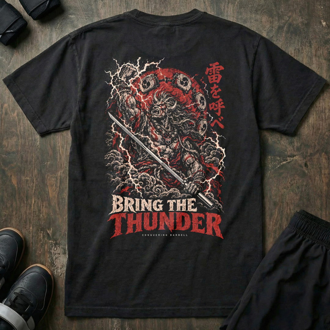 Bring the Thunder relaxed fit tee in Black, back print: Raijin the thunder god with a barbell-katana