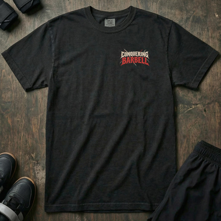 Bring the Thunder relaxed fit tee in Black, front with CONQUERING BARBELL lightning left chest print