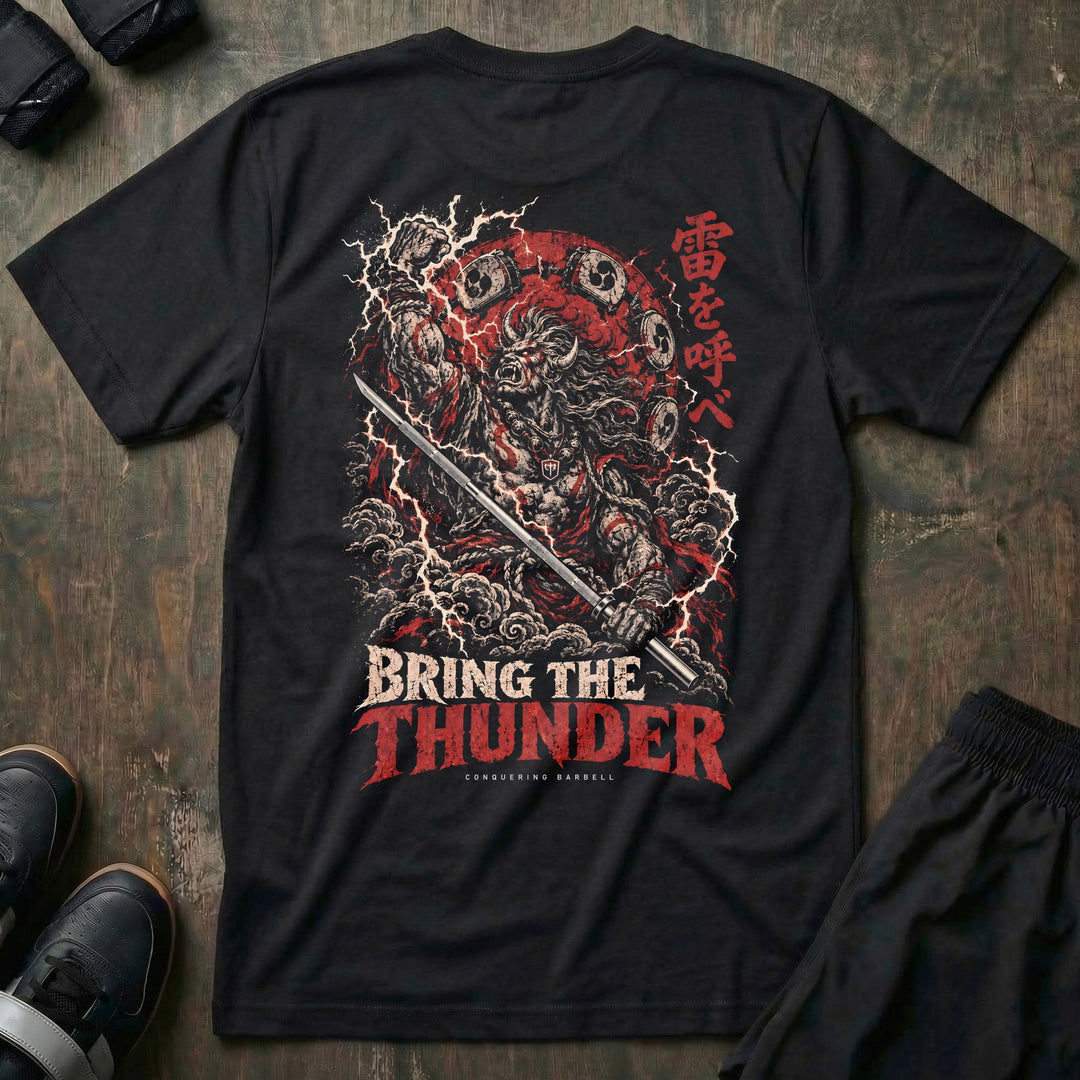 Bring the Thunder tee in Black, back print: Raijin the thunder god with a barbell-katana