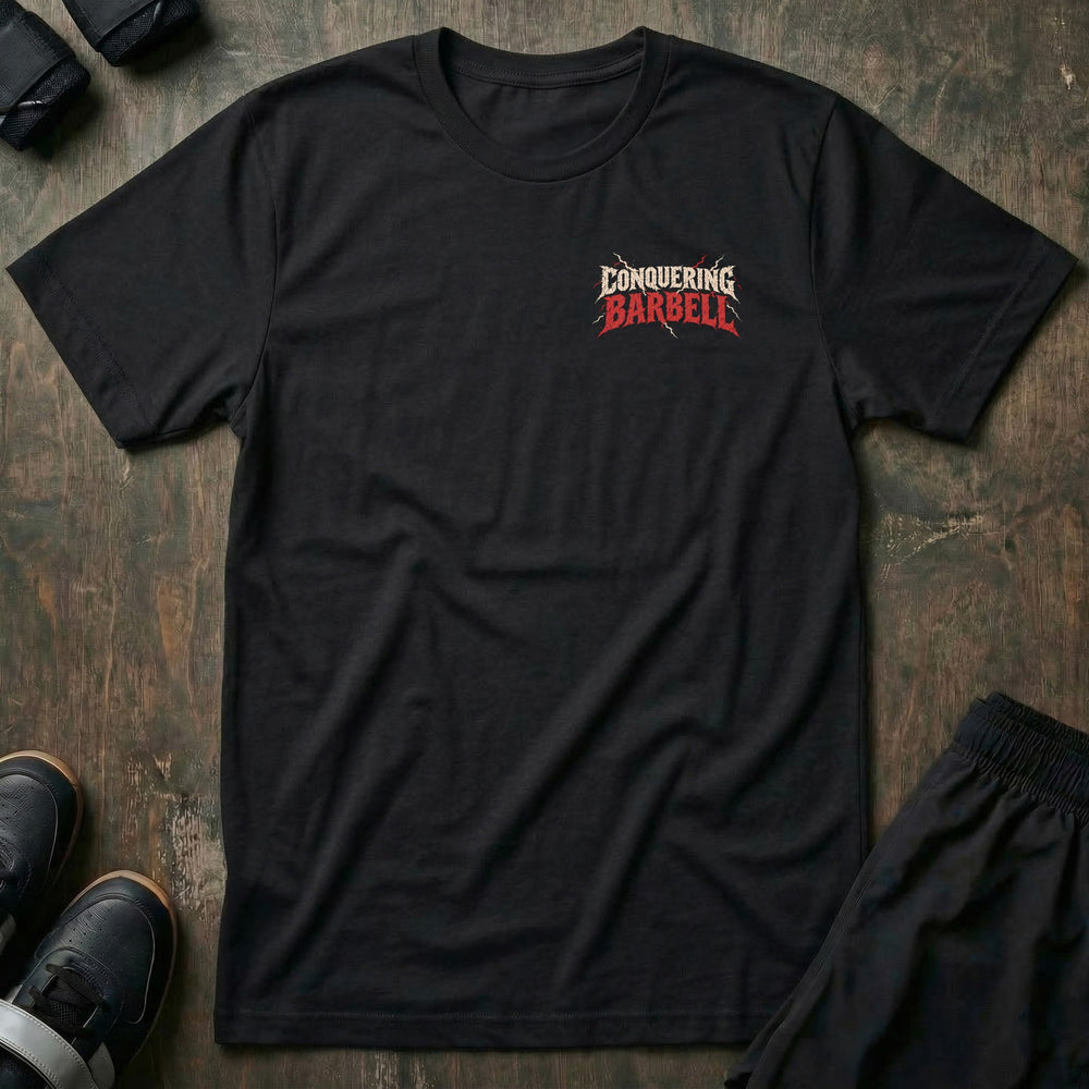 Bring the Thunder tee in Black, front with CONQUERING BARBELL lightning left chest print
