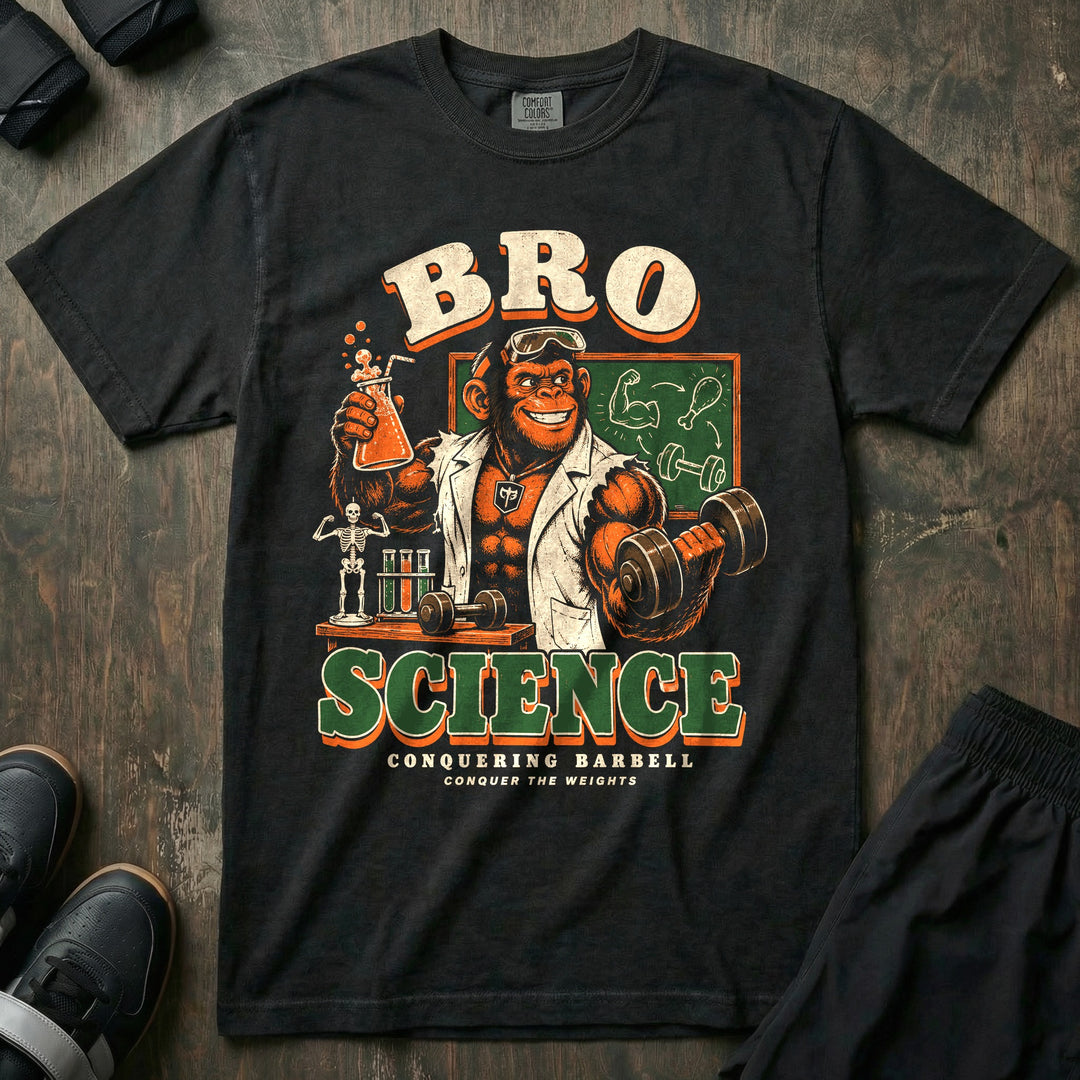 Bro Science - Relaxed Fit Tee front graphic in Black with a chimp in a lab coat holding a bubbling flask and curling a dumbbell - Conquering Barbell