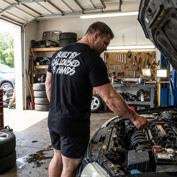 Built by Calloused Hands tee in Black: BUILT BY CALLOUSED HANDS in raw white brush lettering with a small skull
