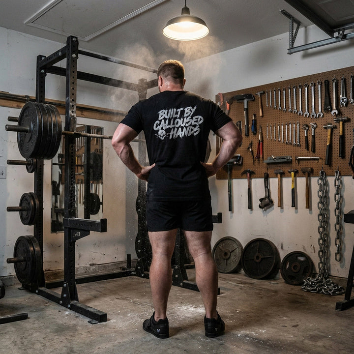 Built by Calloused Hands tee in Black: BUILT BY CALLOUSED HANDS in raw white brush lettering with a small skull