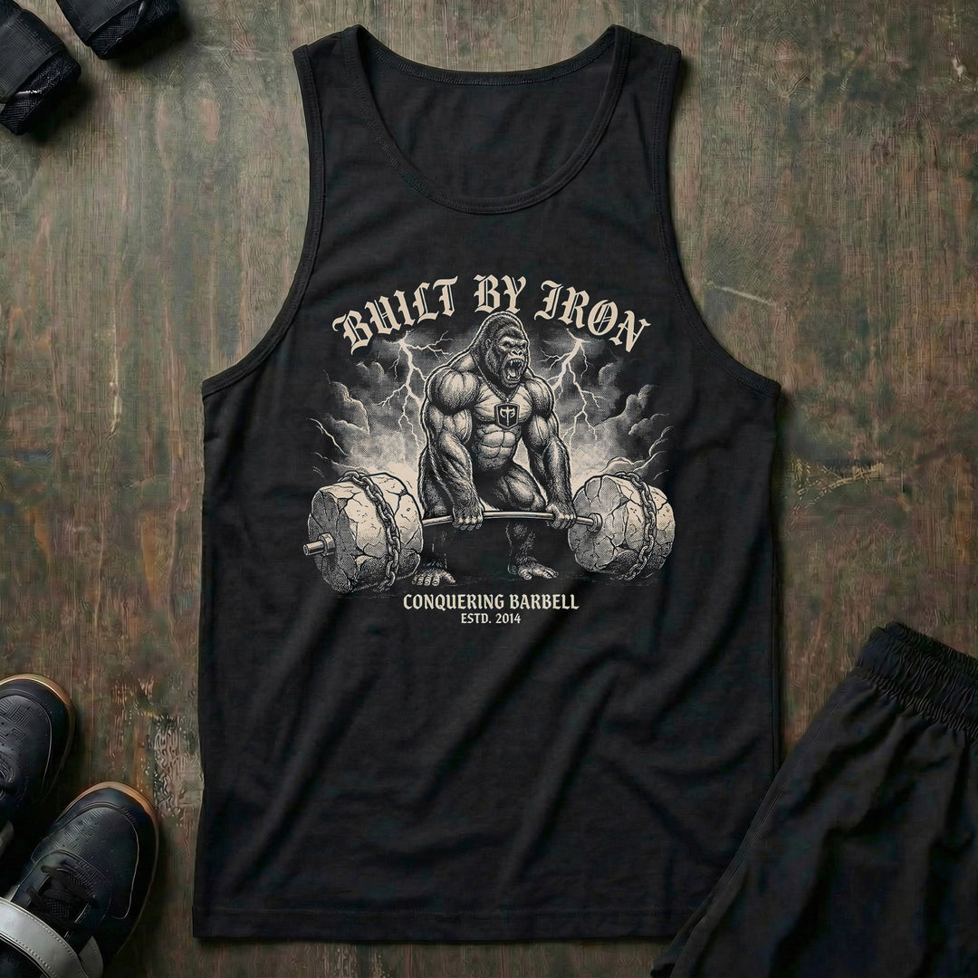 Built By Iron tank top in Black: a massive gorilla locked in at the bottom of a deadlift
