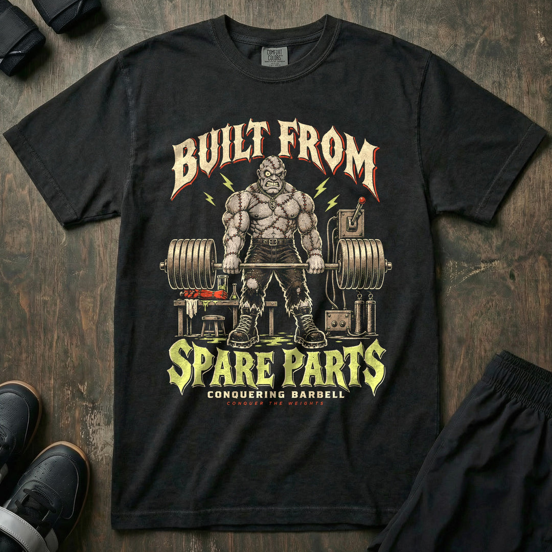 Built From Spare Parts - Relaxed Fit Tee front graphic in Black with a stitched-together monster deadlifting in a laboratory - Conquering Barbell